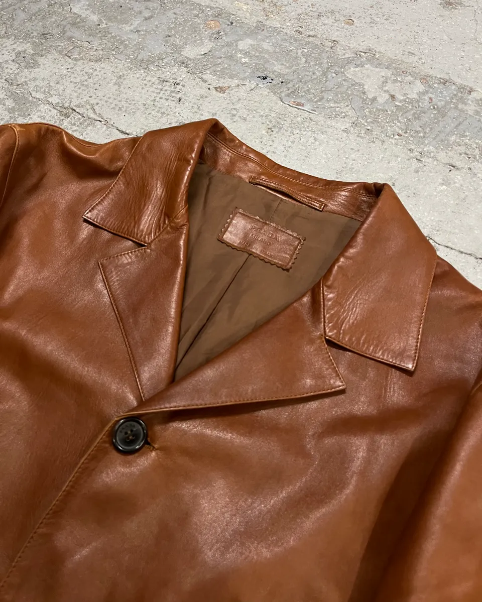 FW2003 Prada Cognac Brown Leather Long Coat - Image 5