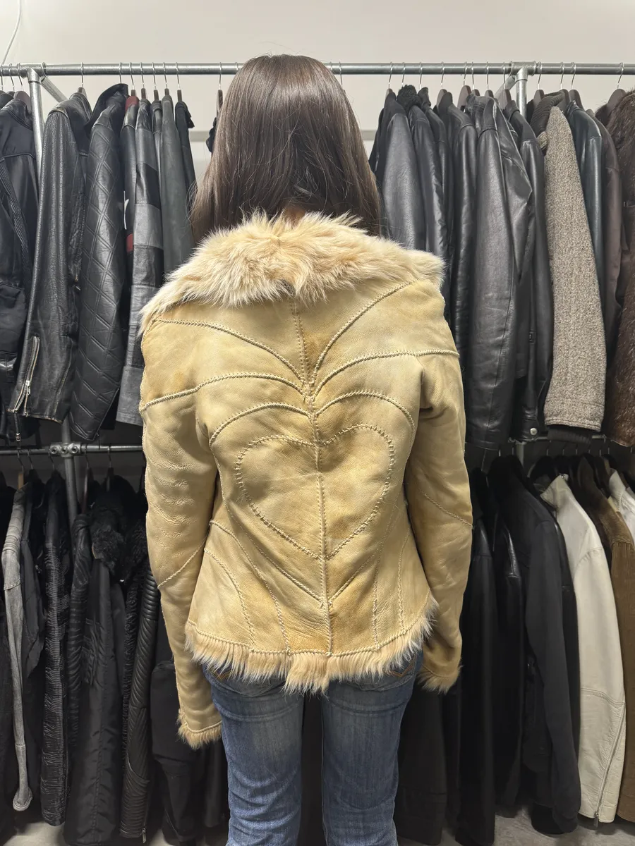 FW2003 Roberto Cavalli Beige Hearth Leather Fur Jacket - Image 4