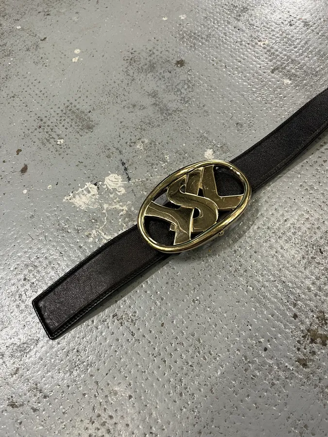 FW2003 Yves Saint Laurent Golden YSL Logo Buckle Black Leather Belt - Image 6