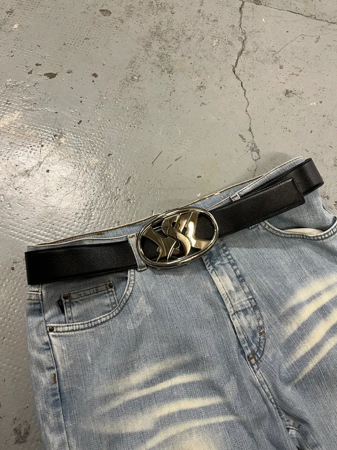 FW2003 Yves Saint Laurent YSL Logo Black Leather Belt - Image 3