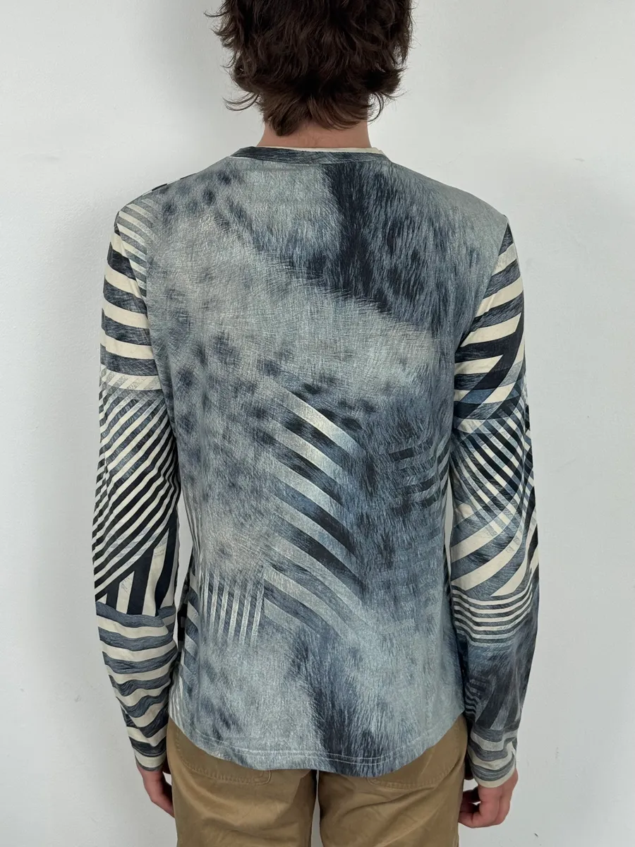 FW2004 Cavalli Blue & White Brush Striped Longsleeve T-Shirt - Image 3