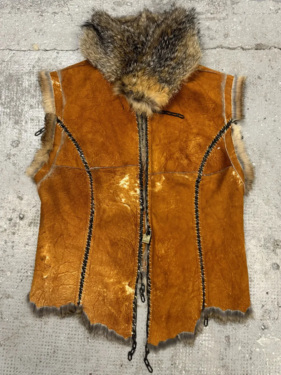 FW2004 Roberto Cavalli Rabbit Fur Camel Leather Embellished Vest - Image 4