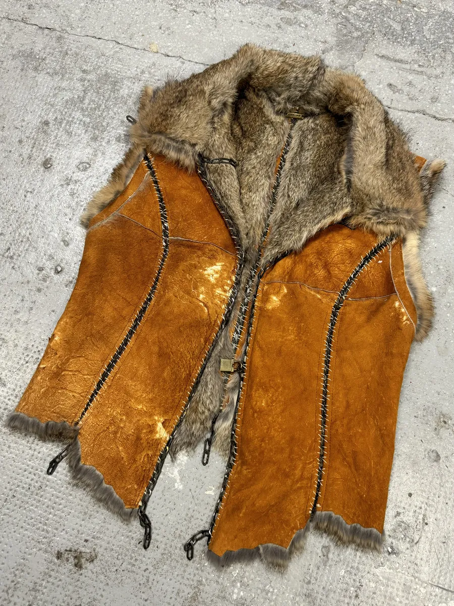 FW2004 Roberto Cavalli Rabbit Fur Camel Leather Embellished Vest - Image 5