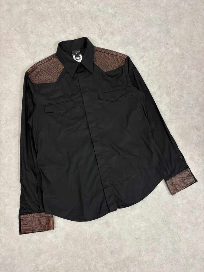 FW2005 Cavalli Black & Brown Crocodile Effect Embossed Leather Shirt - Image 4