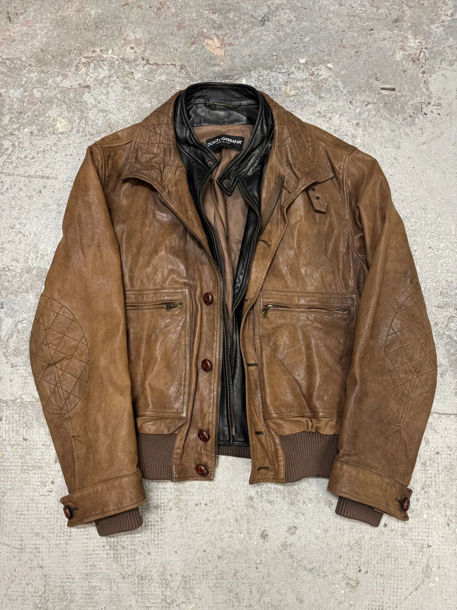 FW2005 Dolce & Gabbana Military Double Leather Heavy Jacket - Image 12