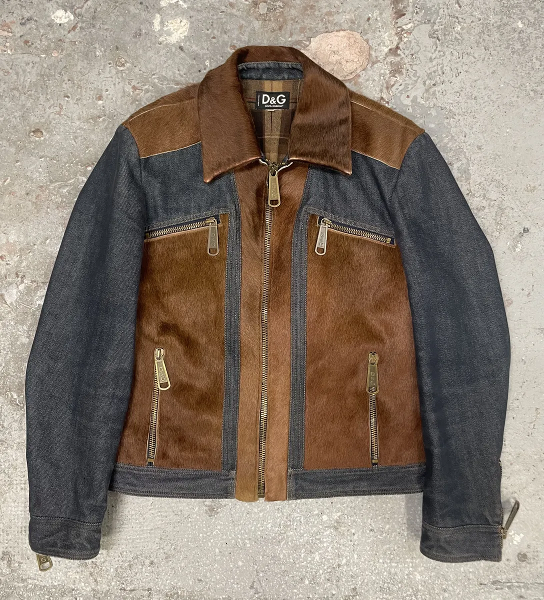 FW2005 Dolce & Gabbana Pony Hair Brown Denim Structured Biker Jacket