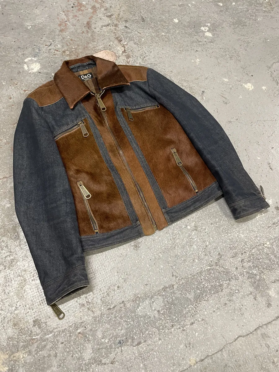 FW2005 Dolce & Gabbana Pony Hair Brown Denim Structured Biker Jacket - Image 3