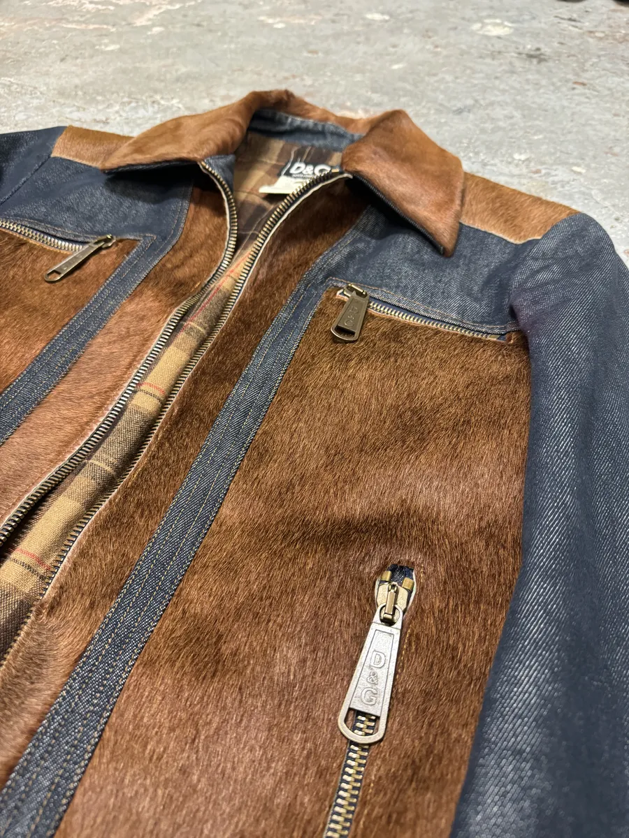 FW2005 Dolce & Gabbana Pony Hair Brown Denim Structured Biker Jacket - Image 9