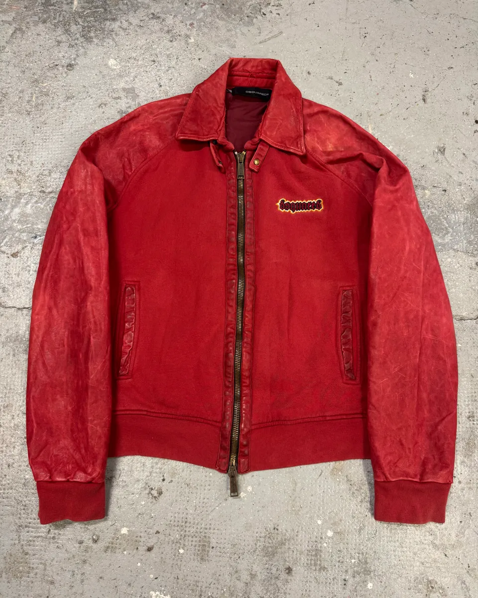 FW2005 Dsquared2 Faith Red Hybrid Leather Varsity Jacket