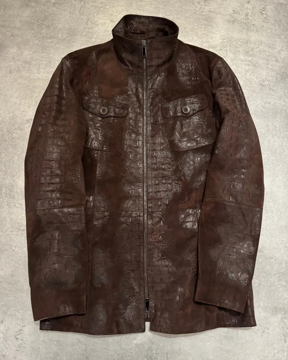 FW2005 Emporio Armani Brown Crocodile Effect Textured Leather Jacket