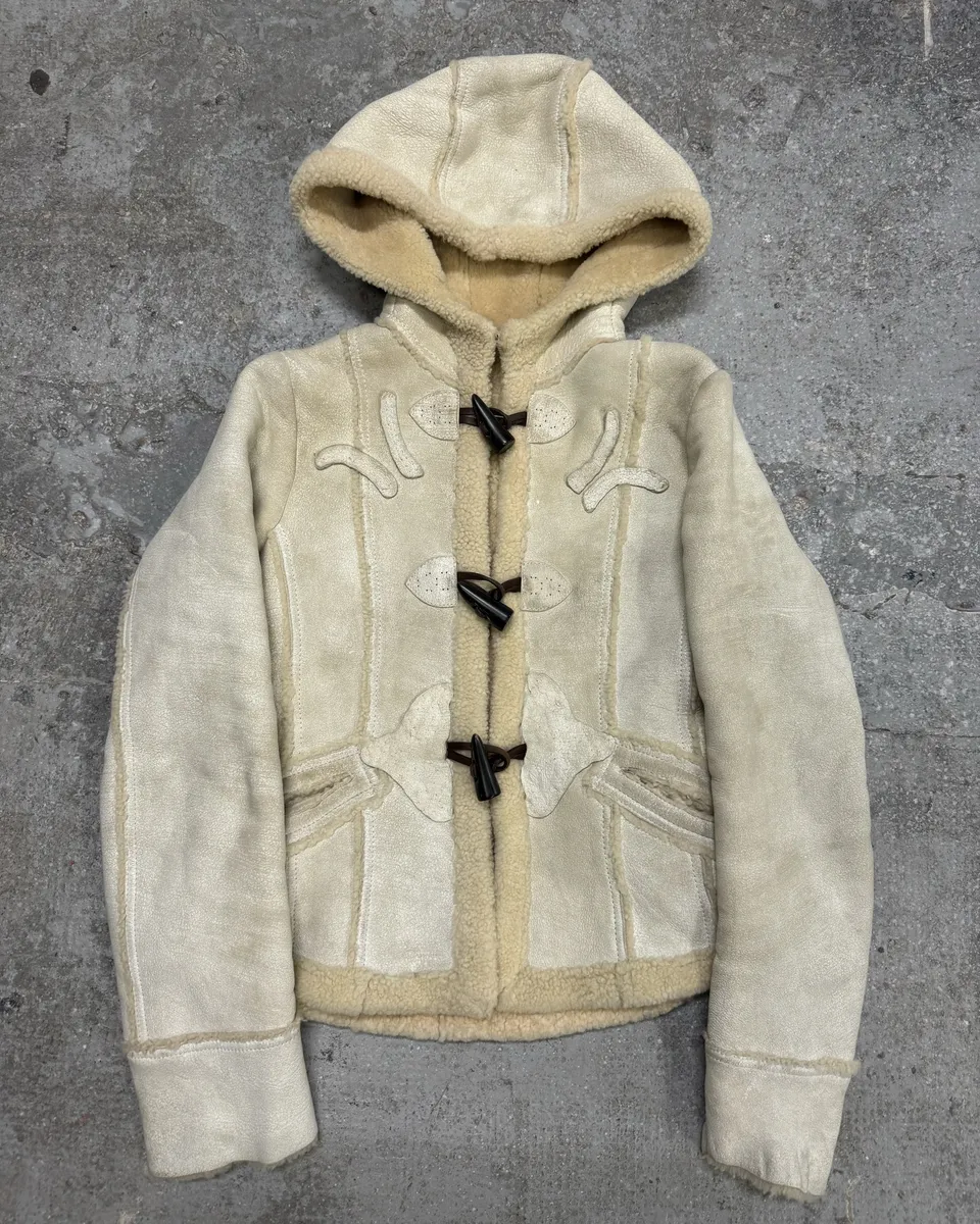FW2006 Prada Beige Shearling Creamy Cracked Leather Jacket