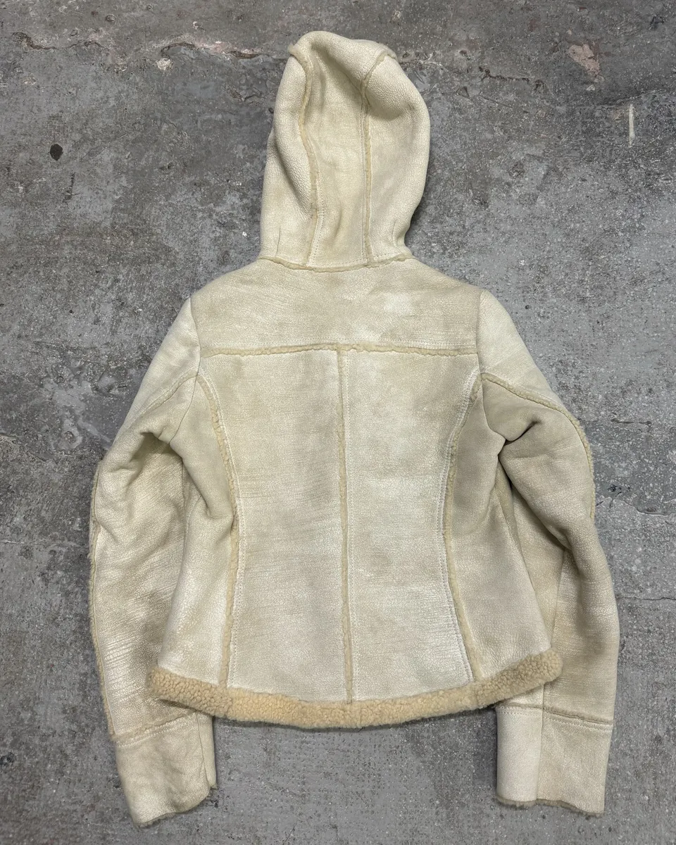 FW2006 Prada Beige Shearling Creamy Cracked Leather Jacket - Image 3