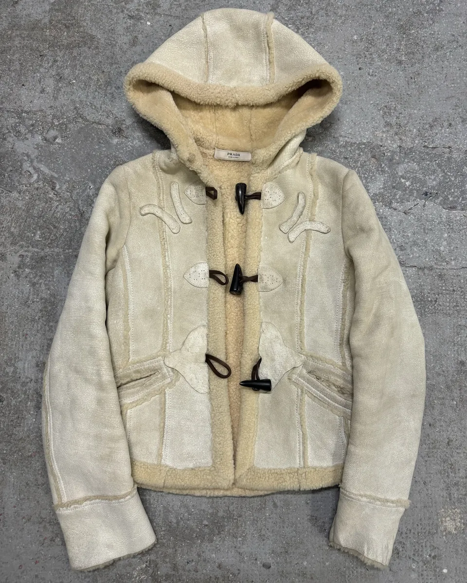 FW2006 Prada Beige Shearling Creamy Cracked Leather Jacket - Image 4