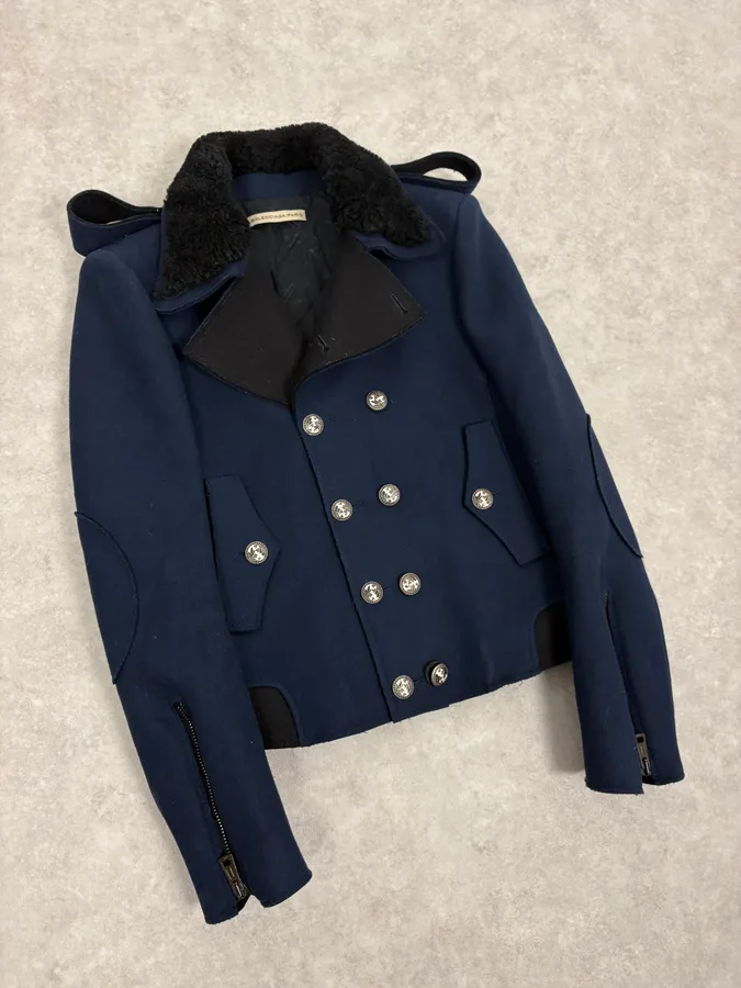 FW2007 Balenciaga Navy Wool Shearling Peacoat Jacket - Image 4