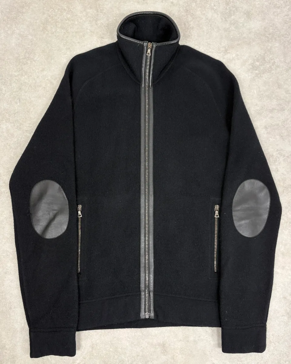 FW2007 Prada Black Padded Leather Wool Zip-up Sweater