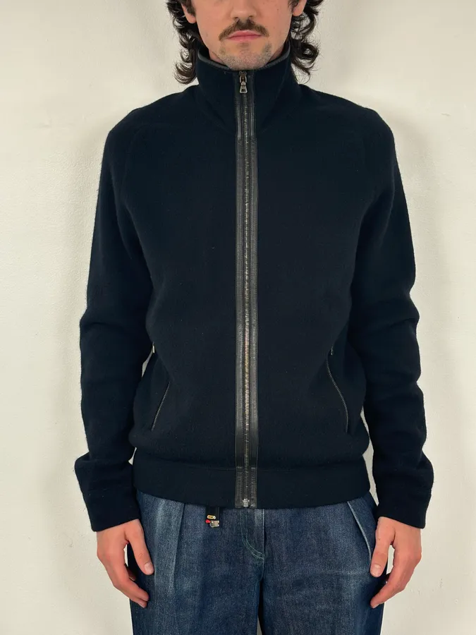 FW2007 Prada Black Padded Leather Wool Zip-up Sweater - Image 2