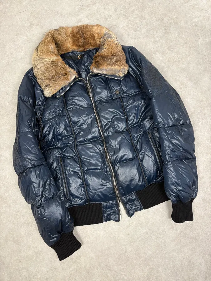 FW2008 Cavalli Fur Collar Navy Puffer Jacket - Image 4
