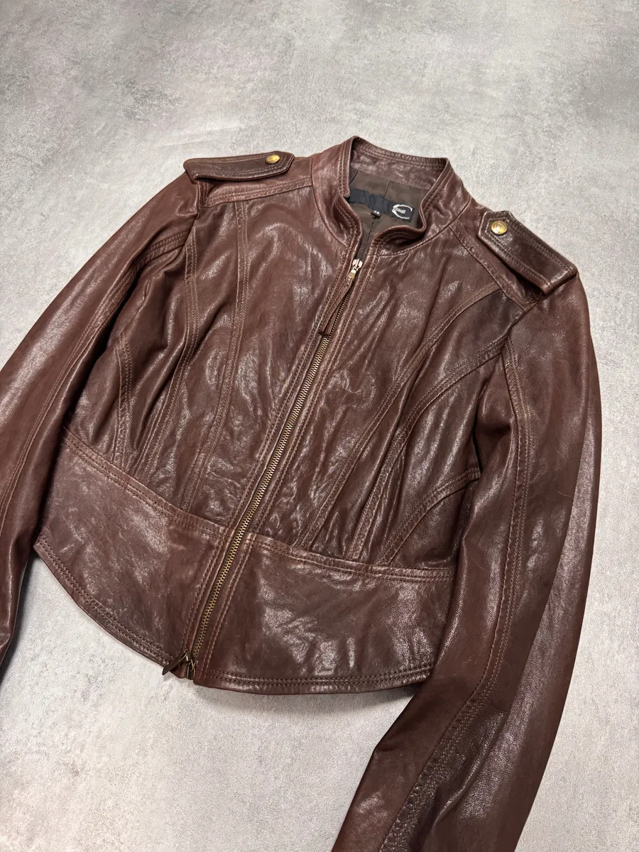 FW2011 Cavalli Cropped Brown Leather Jacket - Image 2