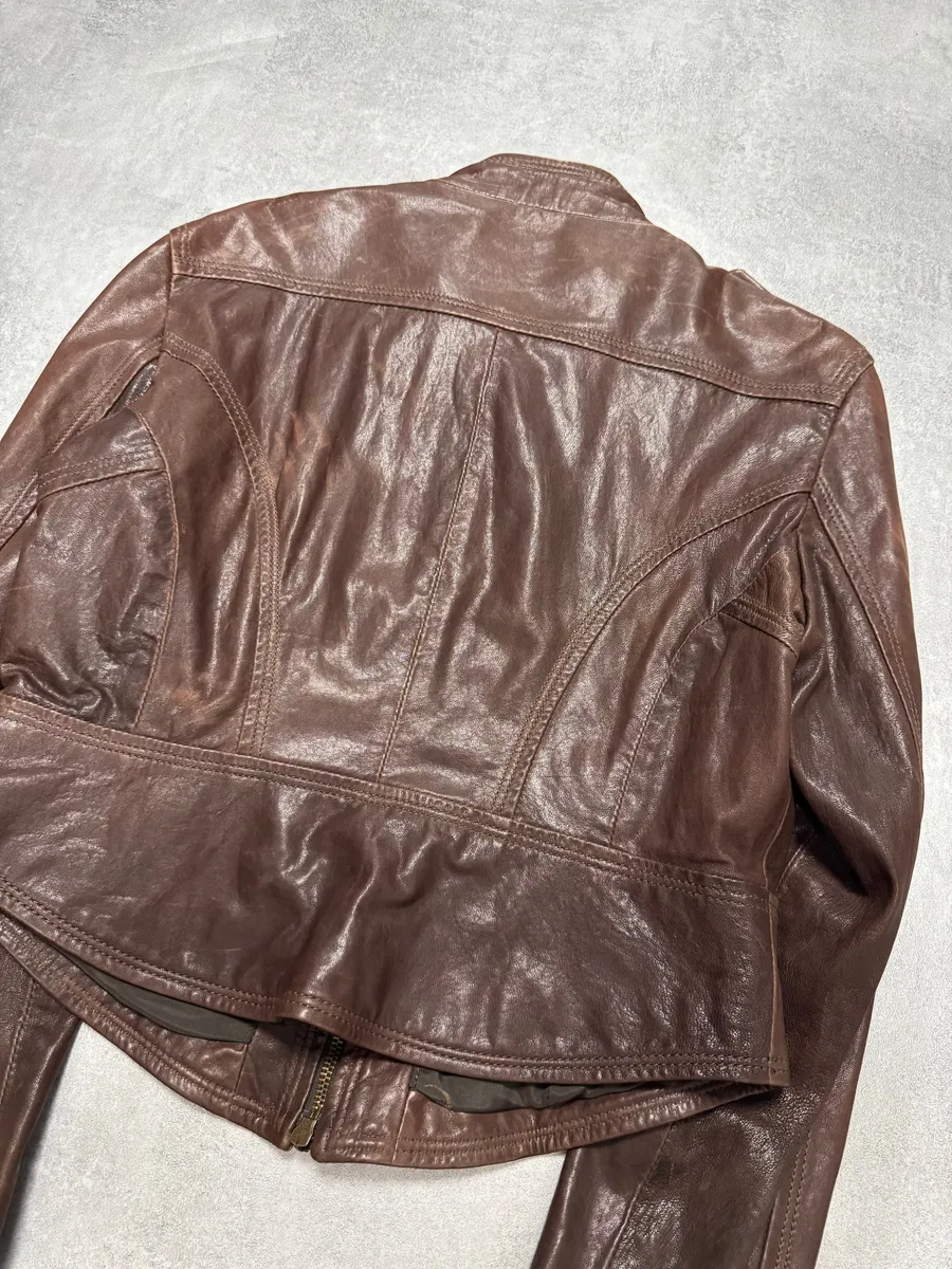 FW2011 Cavalli Cropped Brown Leather Jacket - Image 6