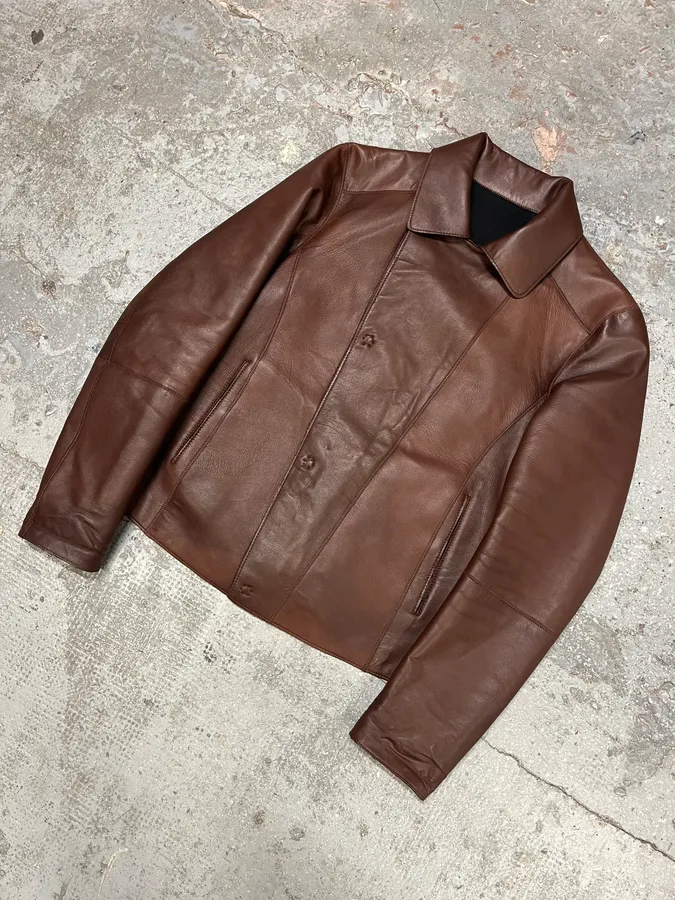 FW2011 Emporio Armani Imperial Asymmetrical Brown Leather Jacket - Image 4