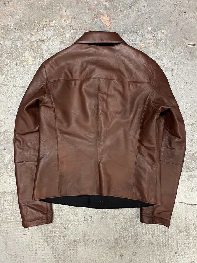FW2011 Emporio Armani Imperial Asymmetrical Brown Leather Jacket - Image 7