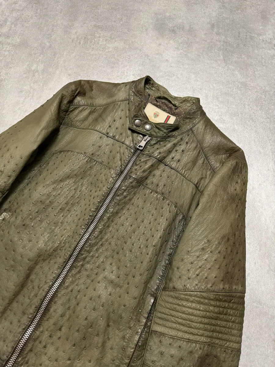 FW2011 Gucci Olive Ostrich Leather Biker Jacket - Image 2