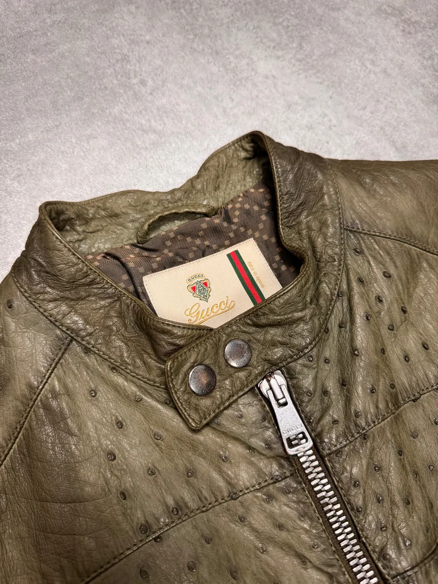 FW2011 Gucci Olive Ostrich Leather Biker Jacket - Image 6