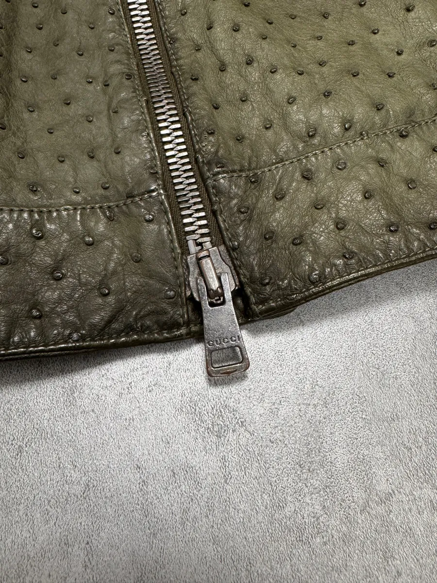 FW2011 Gucci Olive Ostrich Leather Biker Jacket - Image 8