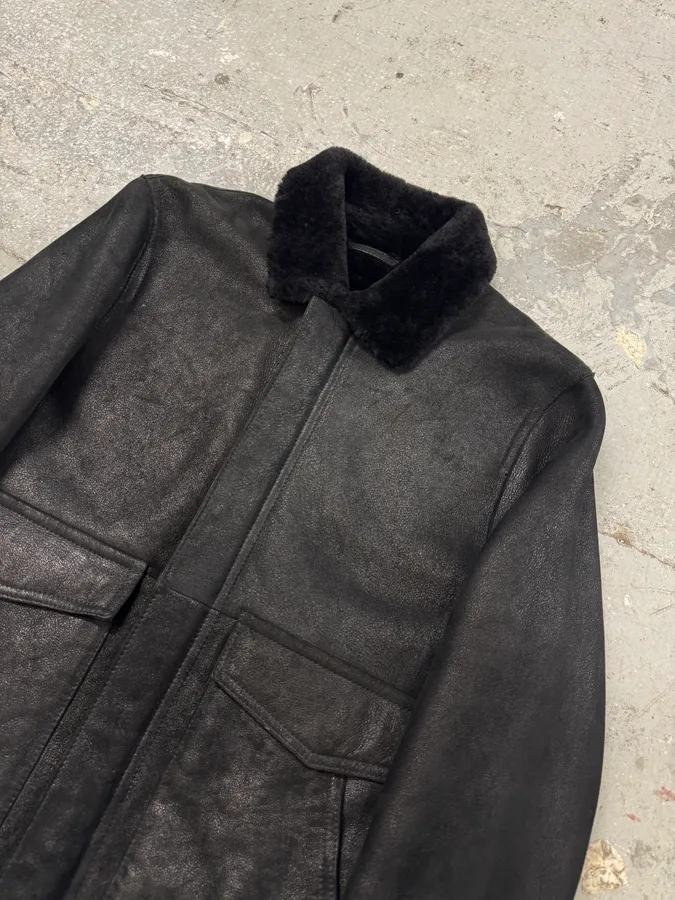 FW2012 Emporio Armani Shearling Black Leather Jacket - Image 3