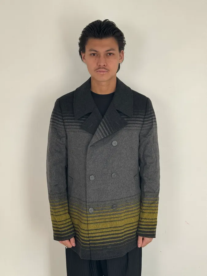 FW2013 Emporio Armani Grey Gradient Striped Yellow Duffle Coat - Image 2