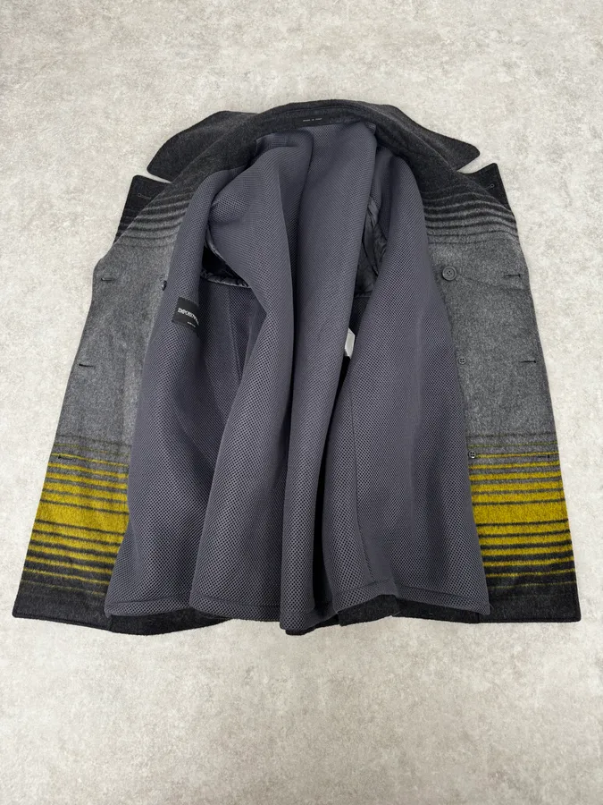 FW2013 Emporio Armani Grey Gradient Striped Yellow Duffle Coat - Image 8