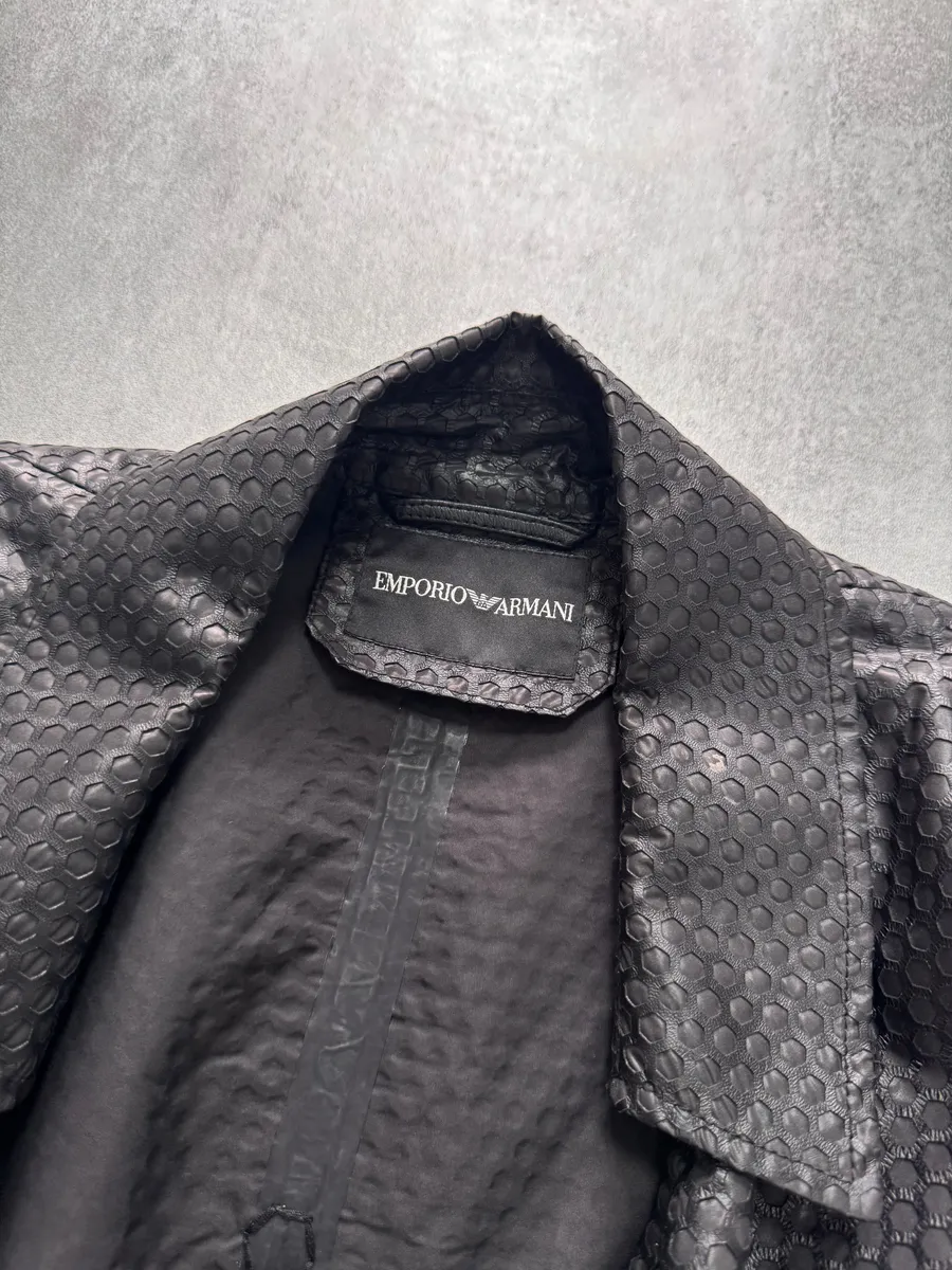 FW2013 Emporio Armani Honeycomb Black Leather Trench Coat - Image 5