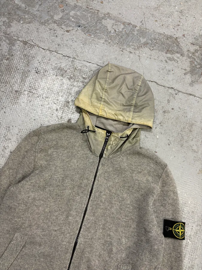 FW2013 Stone Island Grey Wool Compass Patch Zip-up Hoodie - Image 4