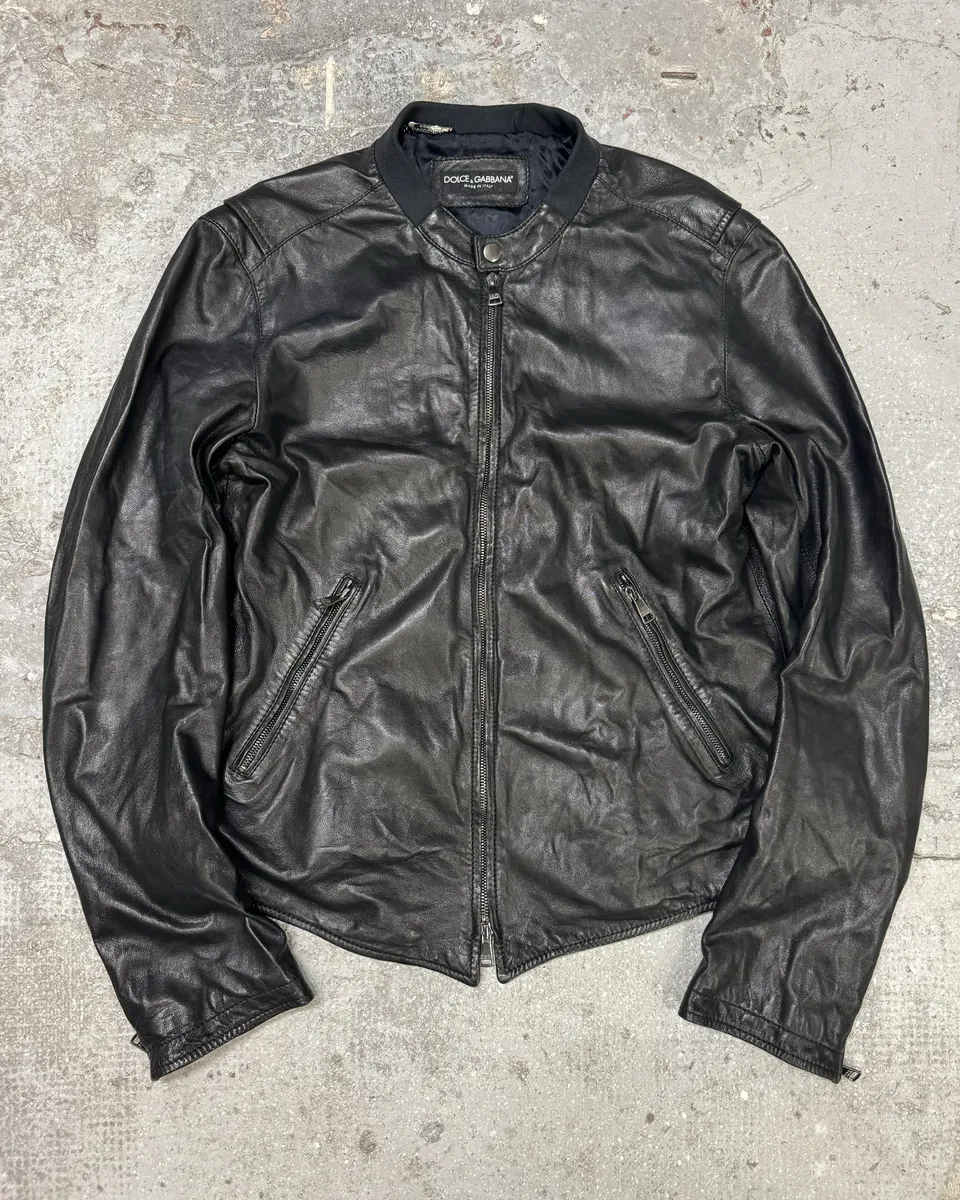 FW2014 Dolce & Gabbana Black Minimalist Biker Leather Jacket