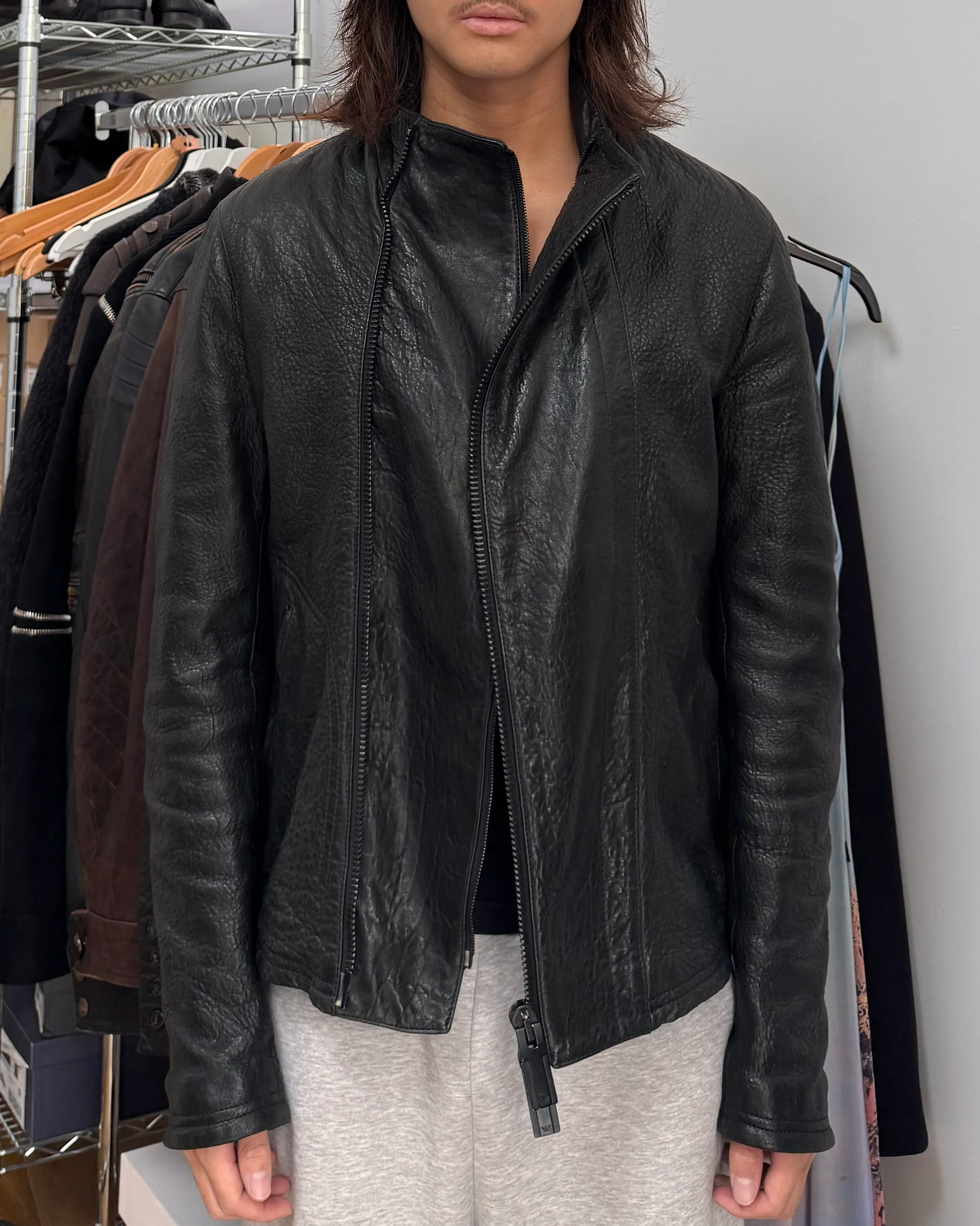 FW2014 Emporio Armami Asymmetrical Grained Leather Jacket - Image 6