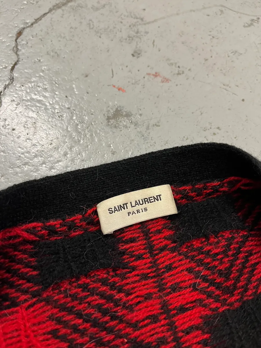 FW2014 Saint Laurent Alpaca Wool Red & Black Checkered Cardigan - Image 8
