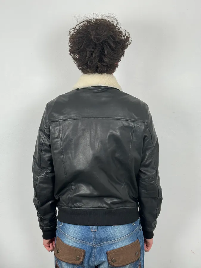 FW2015 Cavalli Black Leather Shearling Collar Jacket - Image 2
