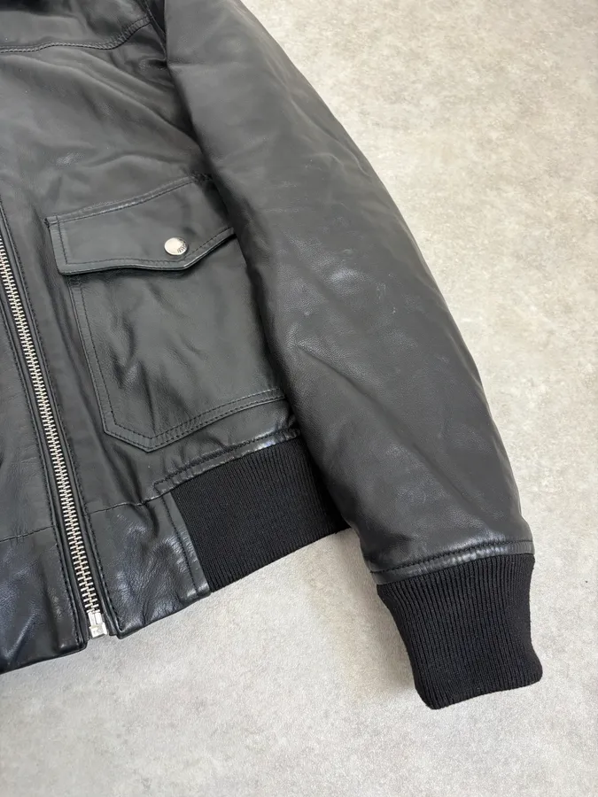 FW2015 Cavalli Black Leather Shearling Collar Jacket - Image 8