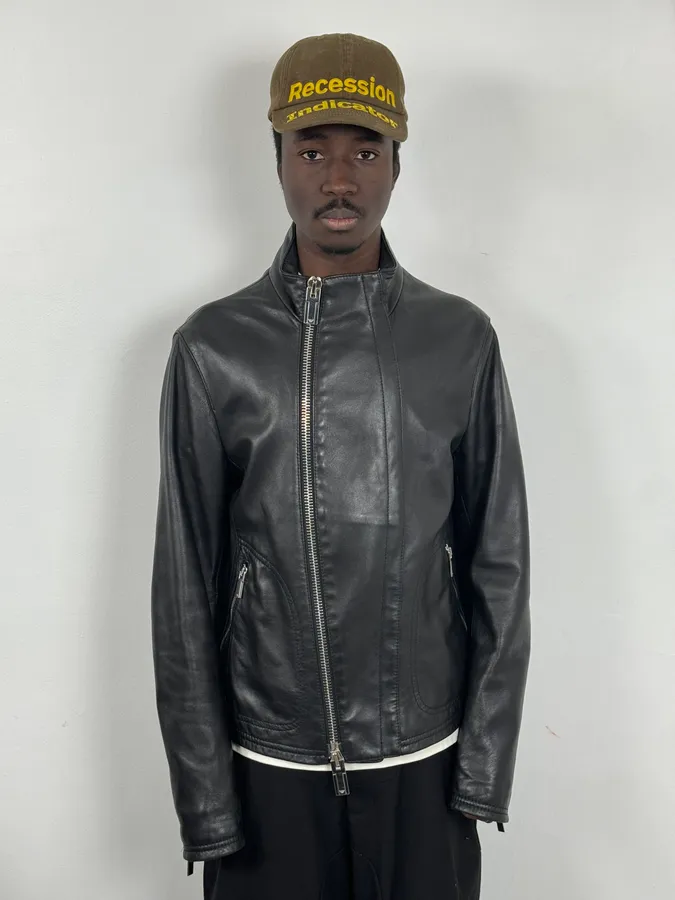 FW2015 Emporio Armani Biker Black Leather Asymmetrical Zip Jacket - Image 2