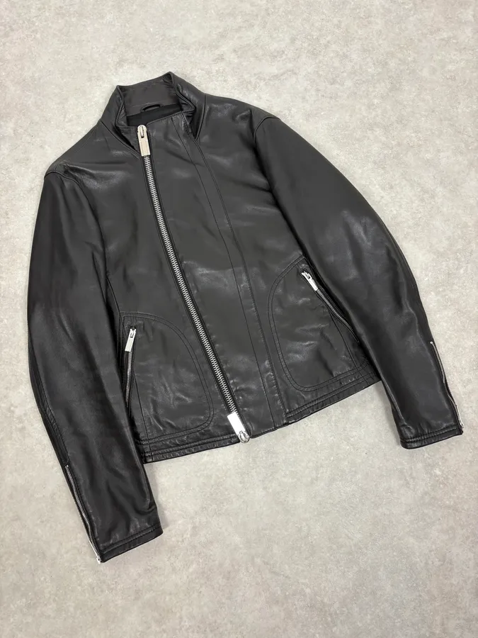 FW2015 Emporio Armani Biker Black Leather Asymmetrical Zip Jacket - Image 4