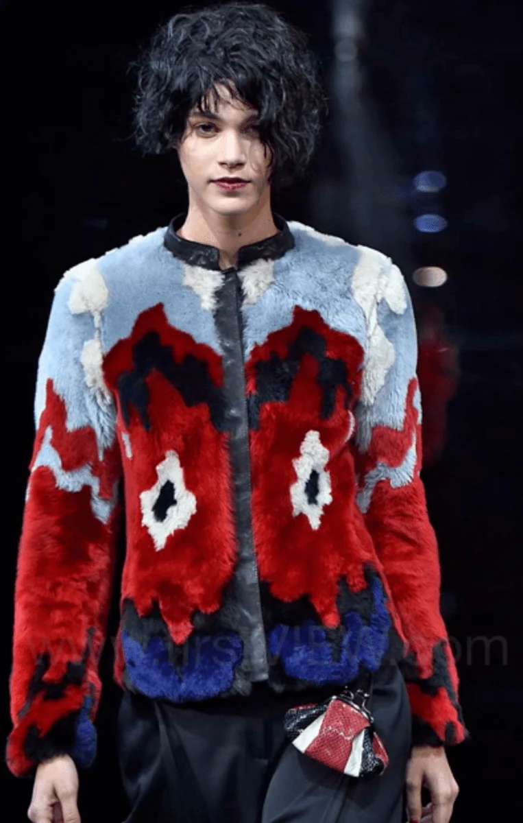 FW2015 Emporio Armani Red & Blue Abstract Lamb Shearling Jacket - Image 2