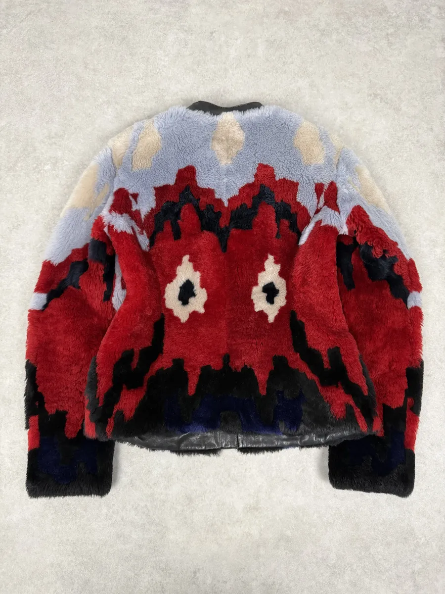 FW2015 Emporio Armani Red & Blue Abstract Lamb Shearling Jacket - Image 3