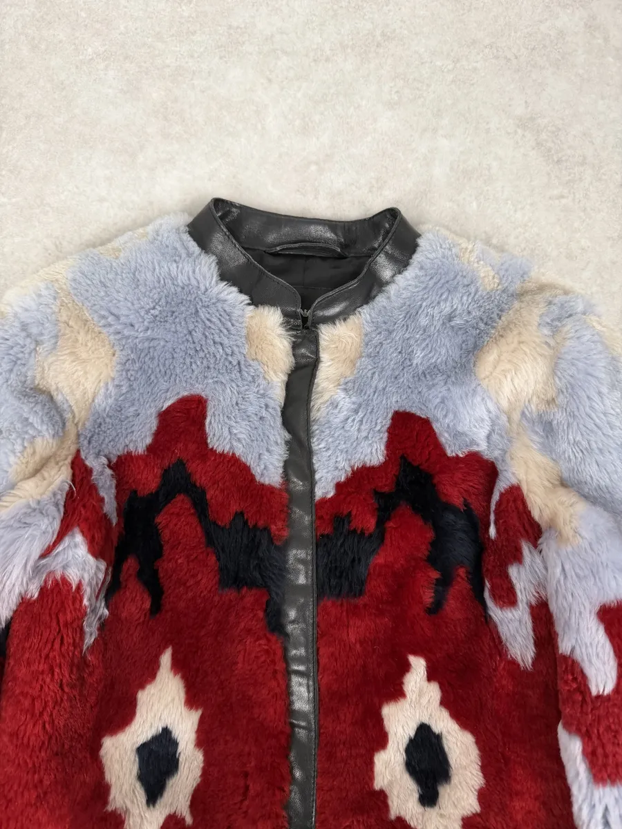 FW2015 Emporio Armani Red & Blue Abstract Lamb Shearling Jacket - Image 9