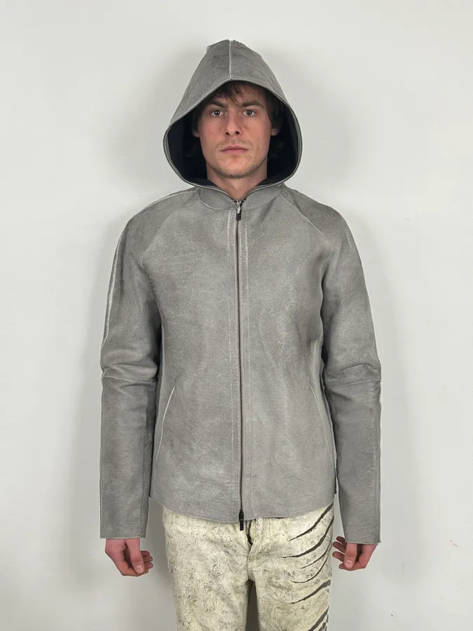 FW2016 Emporio Armani Grey Silver Pony Hair Hooded Leather Jacket - Image 3