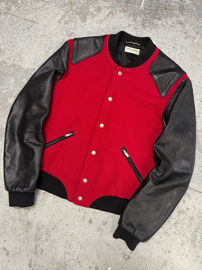 FW2017 Saint Laurent Red & Black Heaven Leather Teddy Bomber Jacket - Image 4