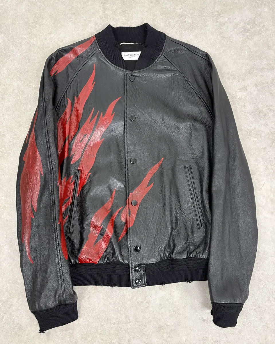 FW2017 Saint Laurent Red Flames Black Leather Bombers Jacket