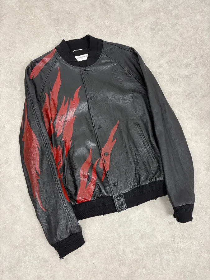 FW2017 Saint Laurent Red Flames Black Leather Bombers Jacket - Image 4