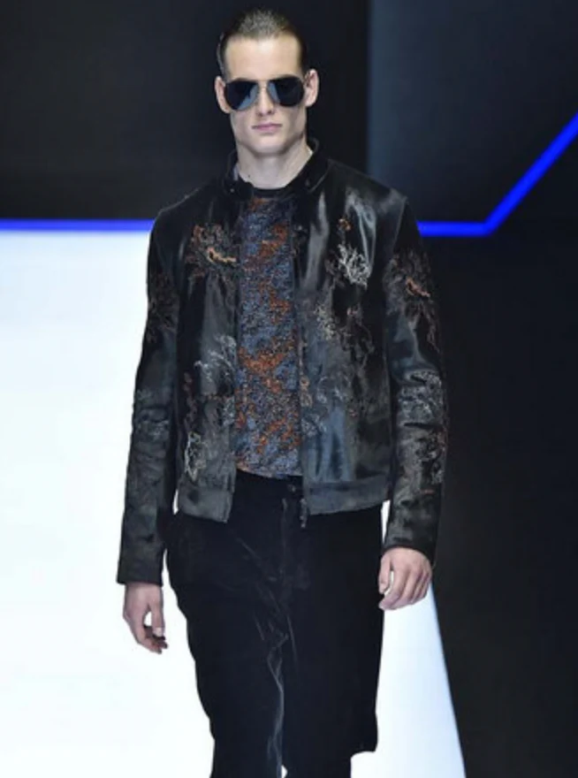 FW2018 Emporio Armani Pony Hair Floral Embroidery Leather Jacket - Image 3