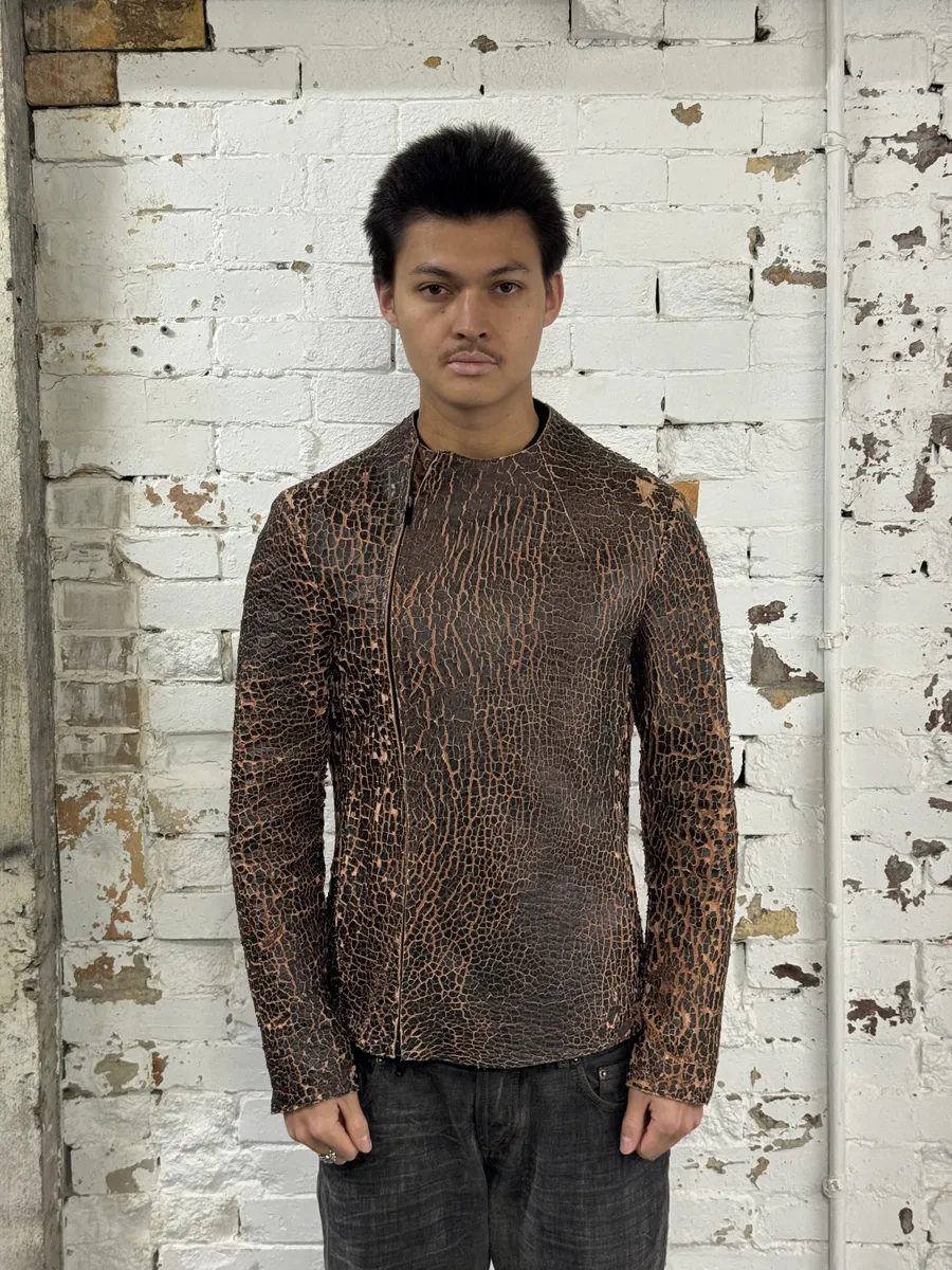 FW2018 Emporio Armani Vulcano Red & Black Eroded Leather Jacket - Image 3