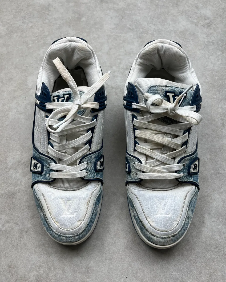 FW2018 Louis Vuitton Blue Denim & White Leather Trainer Sneakers - Image 9